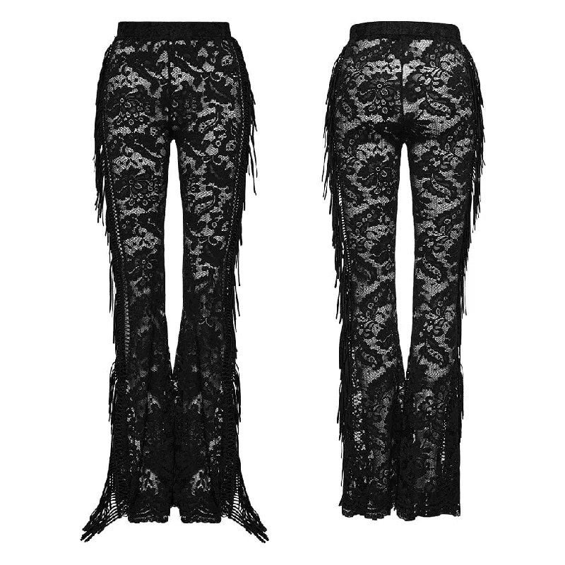 Women's Gothic Lace Tassels Flared Pants Black