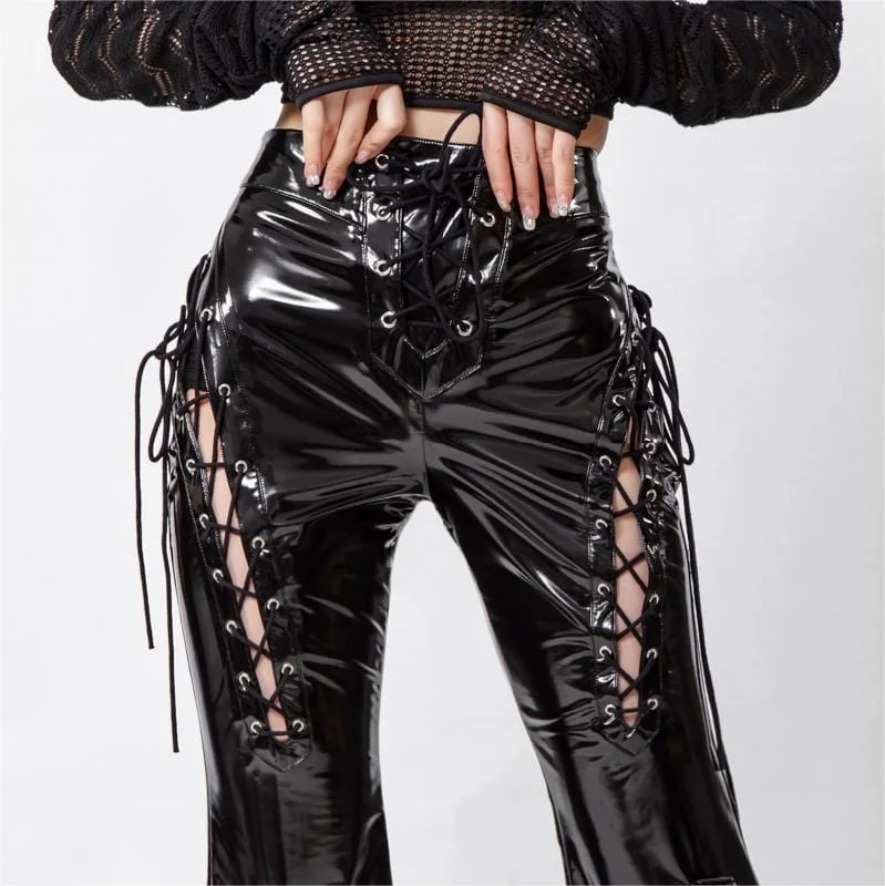 Women's Gothic Lacing-up Flared Faux Leather Pants