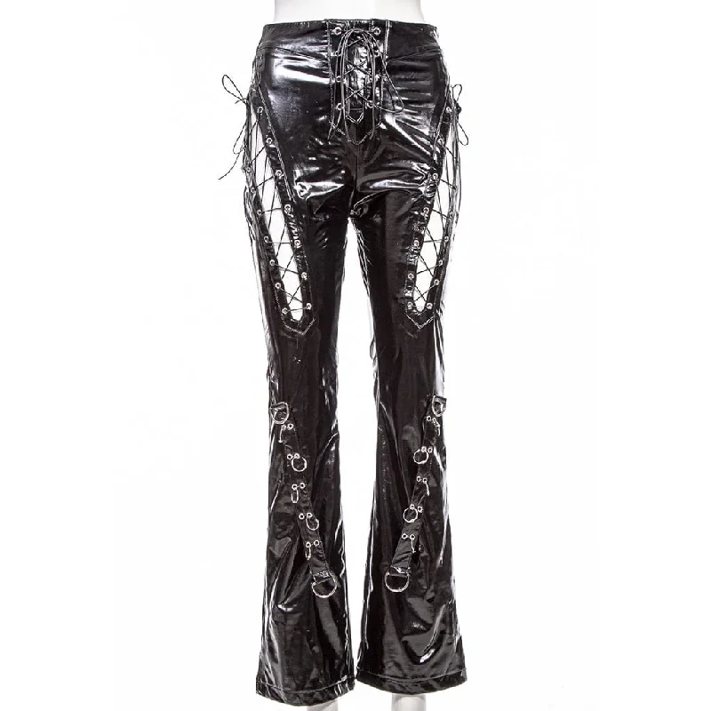 Women's Gothic Lacing-up Flared Faux Leather Pants