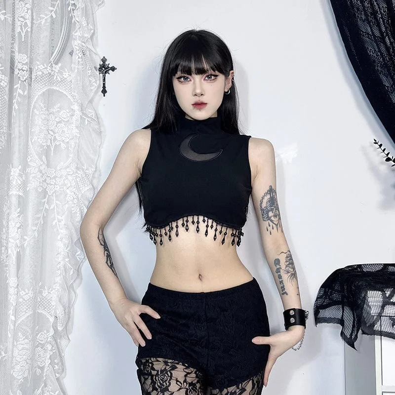 Women's Gothic Stand Collar Beaded Crop Top