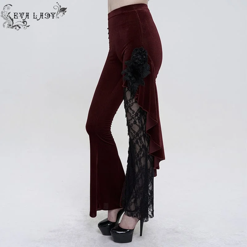 Women's Gothic Strappy Lace Splice Flared Pants Red