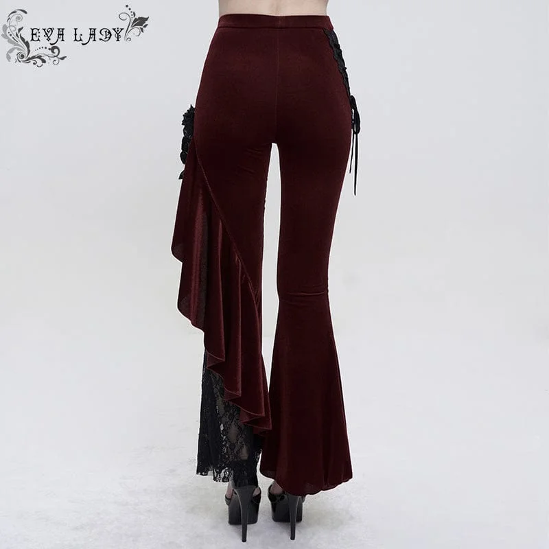 Women's Gothic Strappy Lace Splice Flared Pants Red