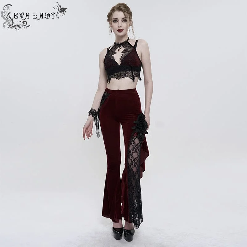 Women's Gothic Strappy Lace Splice Flared Pants Red