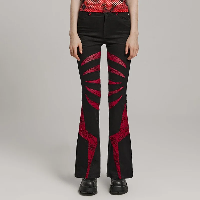 Women's Gothic Symmetrical Mesh Pointed Flared Pants Black-Red