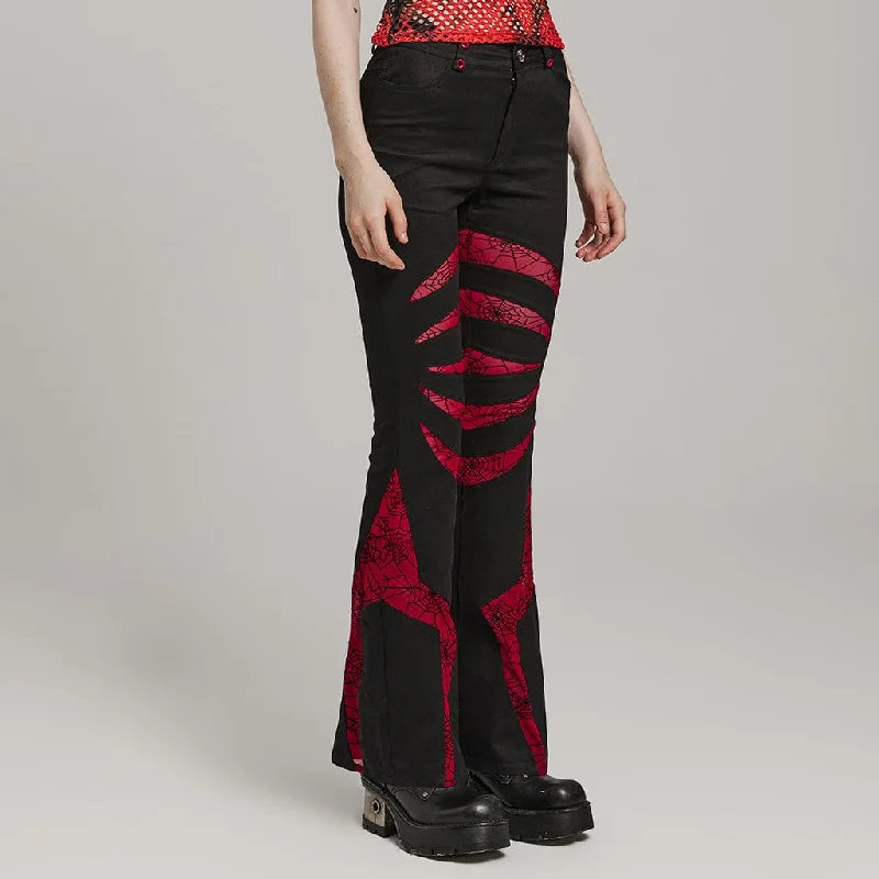 Women's Gothic Symmetrical Mesh Pointed Flared Pants Black-Red