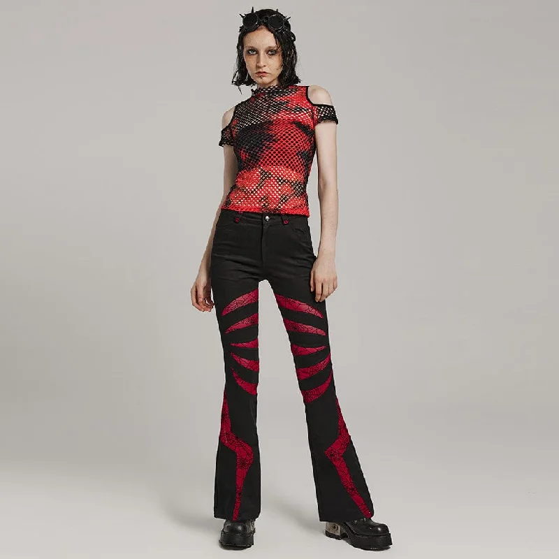 Women's Gothic Symmetrical Mesh Pointed Flared Pants Black-Red