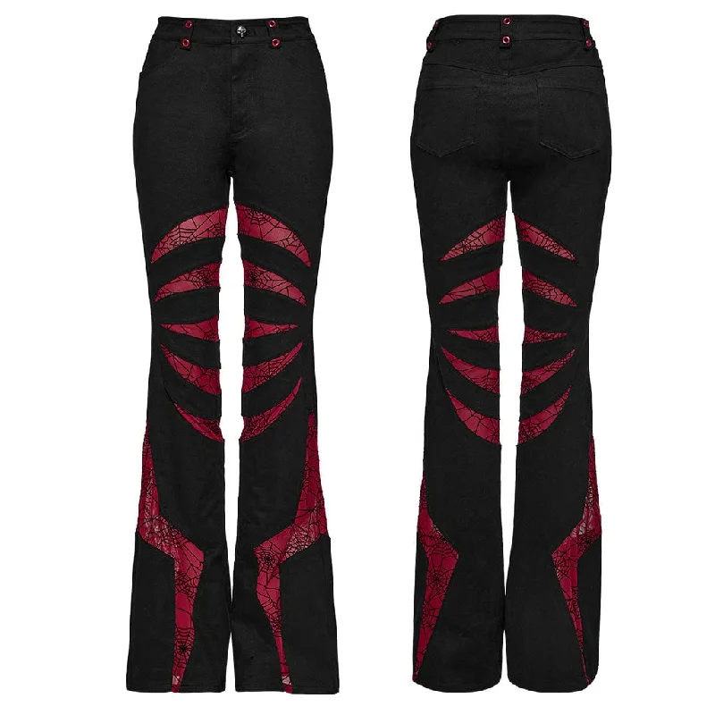 Women's Gothic Symmetrical Mesh Pointed Flared Pants Black-Red