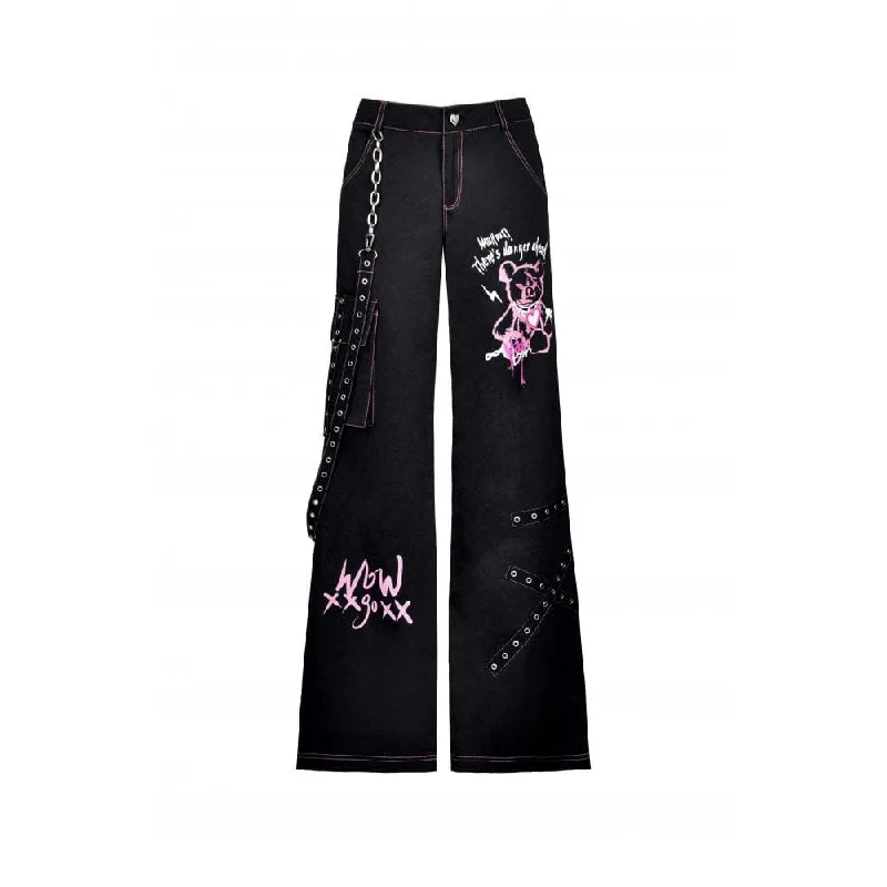 Women's Grunge Dangerous Bear Bell-bottoms with Belt