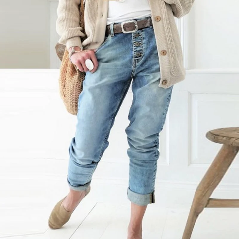 Women's High-waist Denim Trousers Loose Straight-Leg Pants