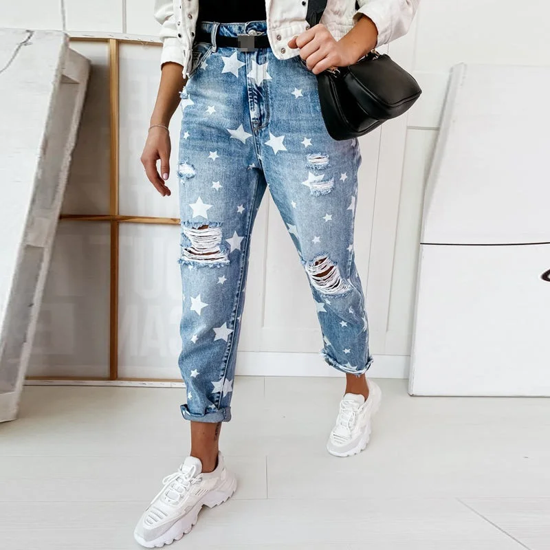 Women's High Waist Jeans Fashion Printed Washed Blue Pants