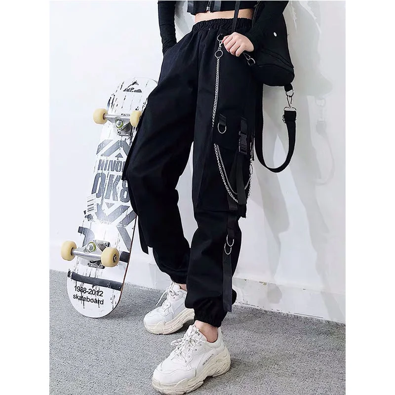 Women's Punk Big-pocket Jogger Pants with Chain