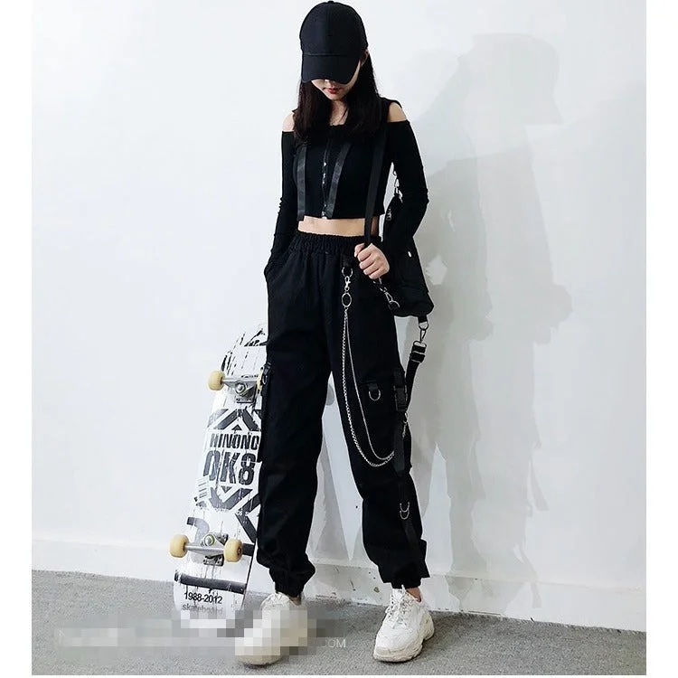 Women's Punk Big-pocket Jogger Pants with Chain