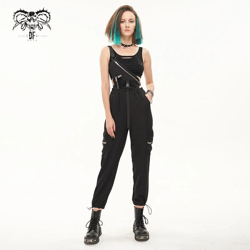 Women's Punk Buckles Drawstring Suspender Pants