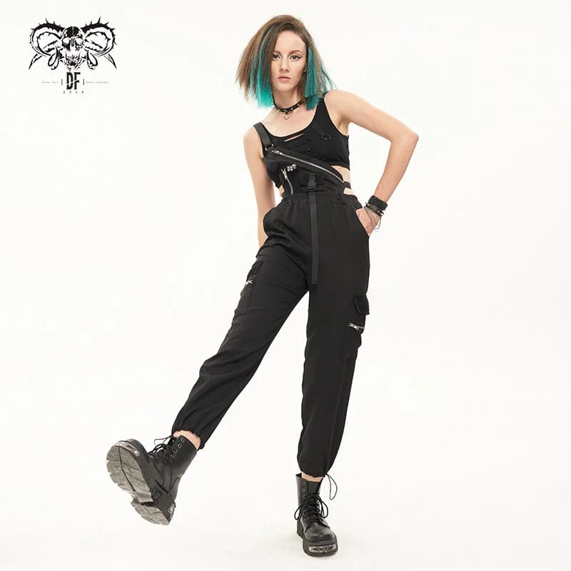 Women's Punk Buckles Drawstring Suspender Pants