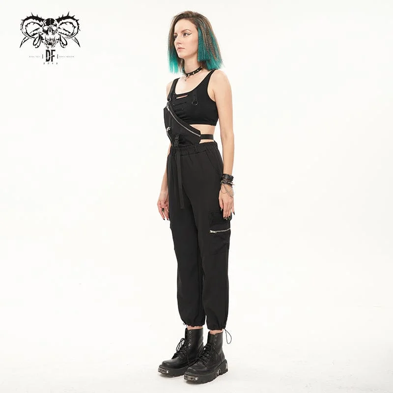 Women's Punk Buckles Drawstring Suspender Pants