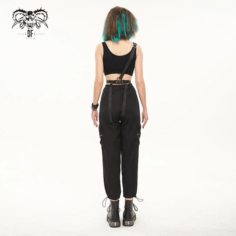 Women's Punk Buckles Drawstring Suspender Pants