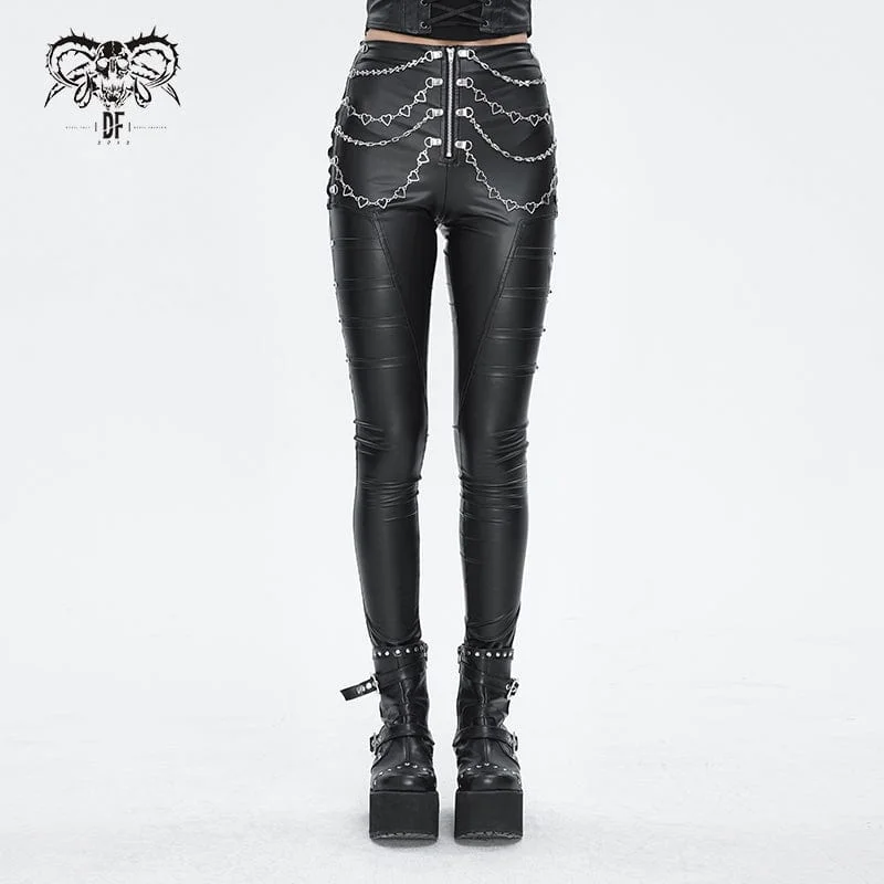 Women's Punk Chain Stud Faux Leather Pants