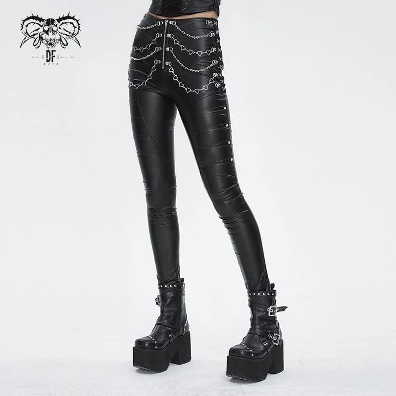 Women's Punk Chain Stud Faux Leather Pants