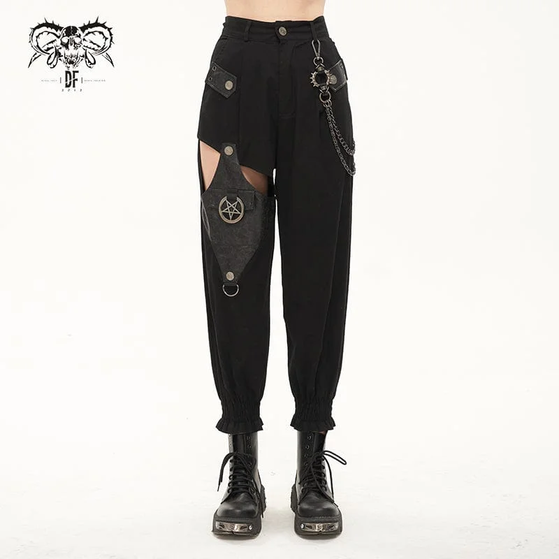 Women's Punk Cutout Faux Leather Splice Jogger Pants with Chain