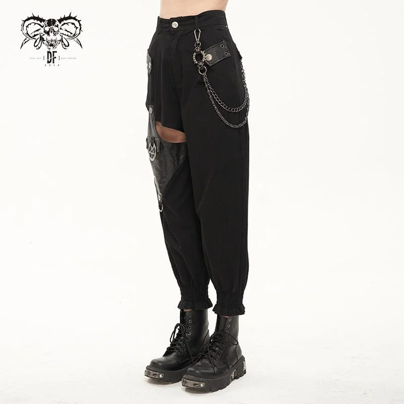 Women's Punk Cutout Faux Leather Splice Jogger Pants with Chain