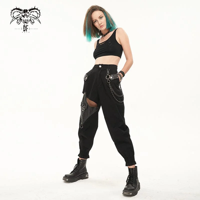 Women's Punk Cutout Faux Leather Splice Jogger Pants with Chain