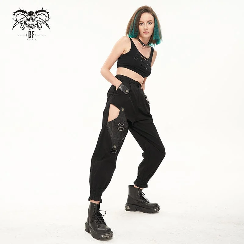 Women's Punk Cutout Faux Leather Splice Jogger Pants with Chain