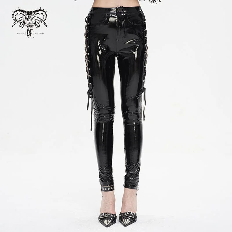 Women's Punk Cutout Lace-up Patent Leather Pants