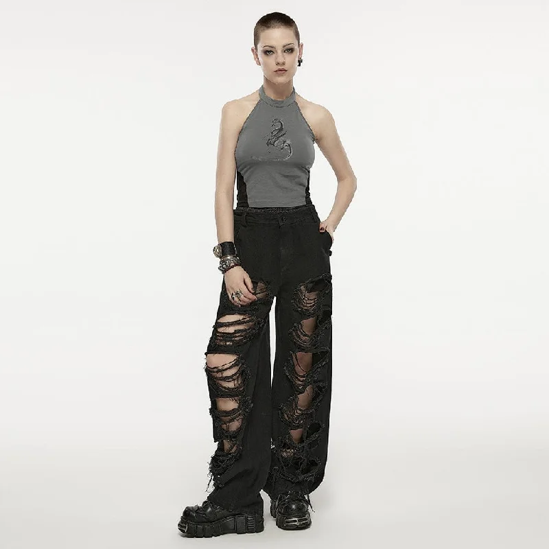 Women's Punk Double-waisted Ripped Pants