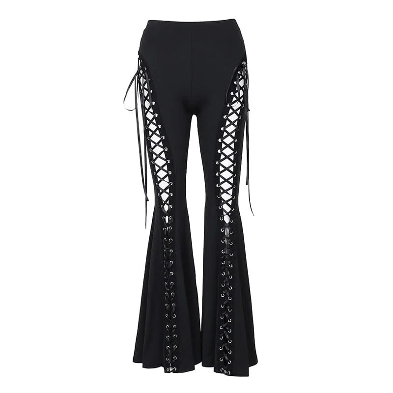 Women's Punk Eyelet Lace-up Flared Pants