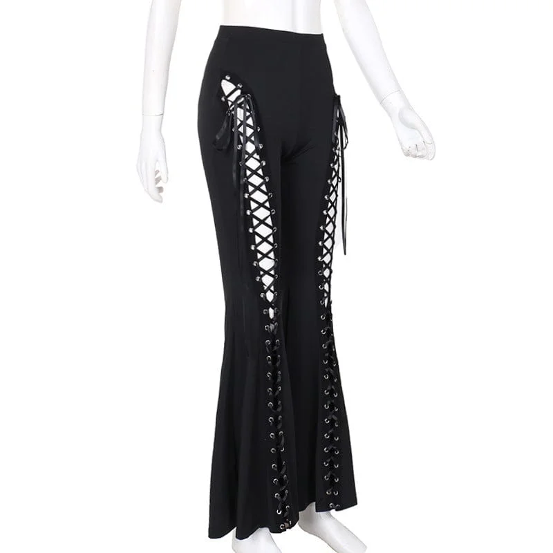 Women's Punk Eyelet Lace-up Flared Pants