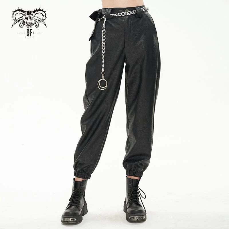 Women's Punk Faux Leather Ankle Banded Pants With Metal Chain