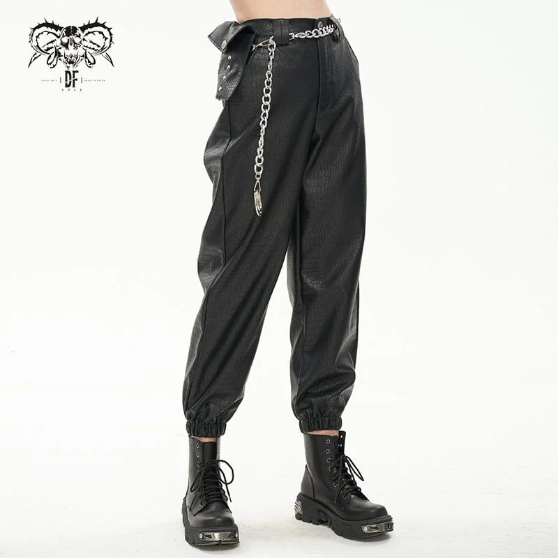 Women's Punk Faux Leather Ankle Banded Pants With Metal Chain