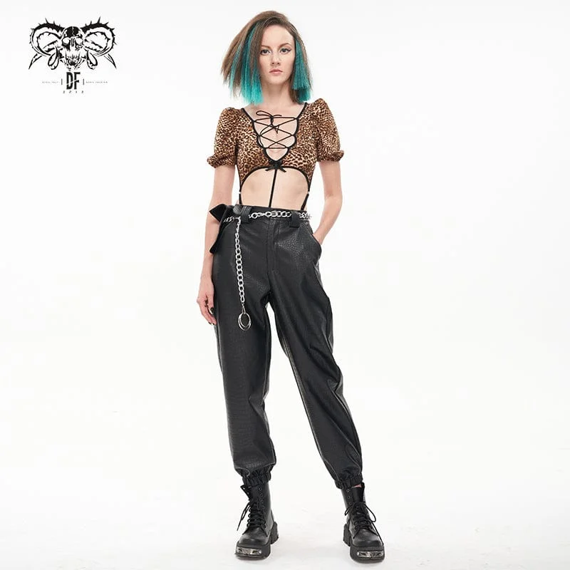 Women's Punk Faux Leather Ankle Banded Pants With Metal Chain