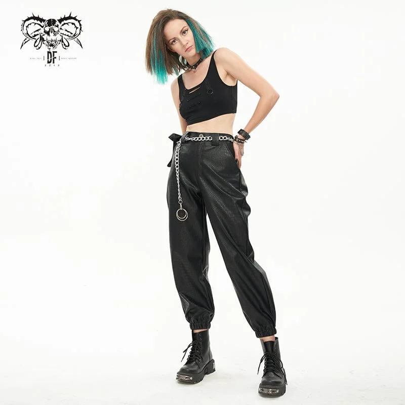 Women's Punk Faux Leather Ankle Banded Pants With Metal Chain