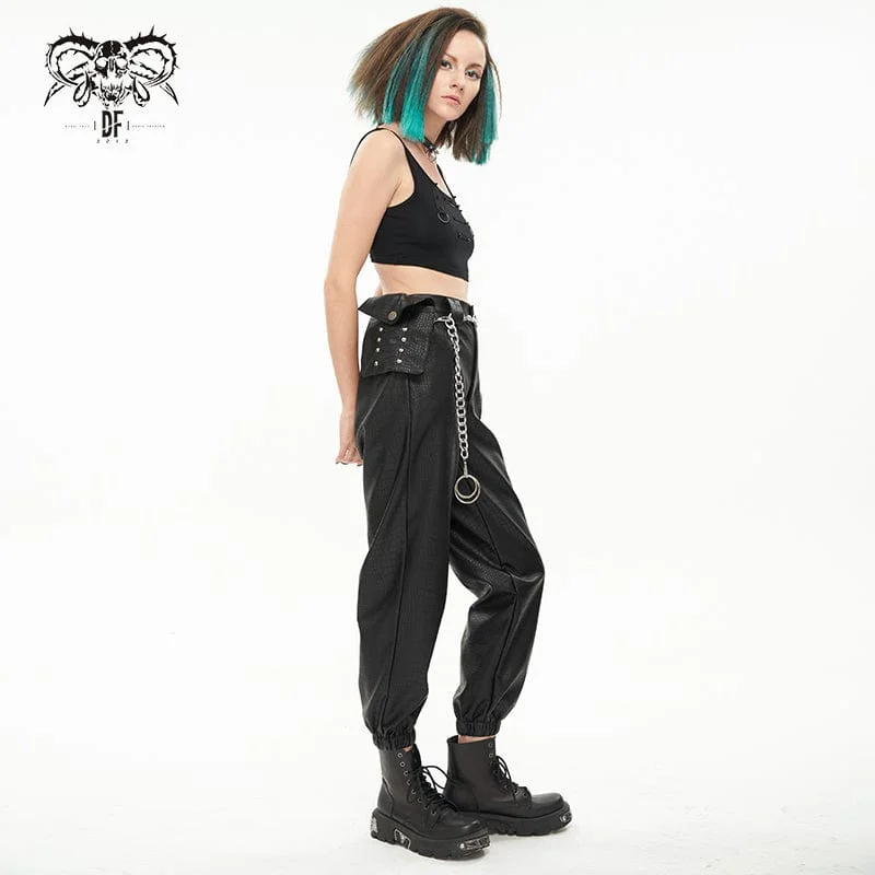 Women's Punk Faux Leather Ankle Banded Pants With Metal Chain