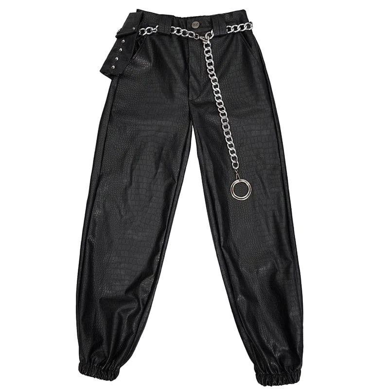 Women's Punk Faux Leather Ankle Banded Pants With Metal Chain