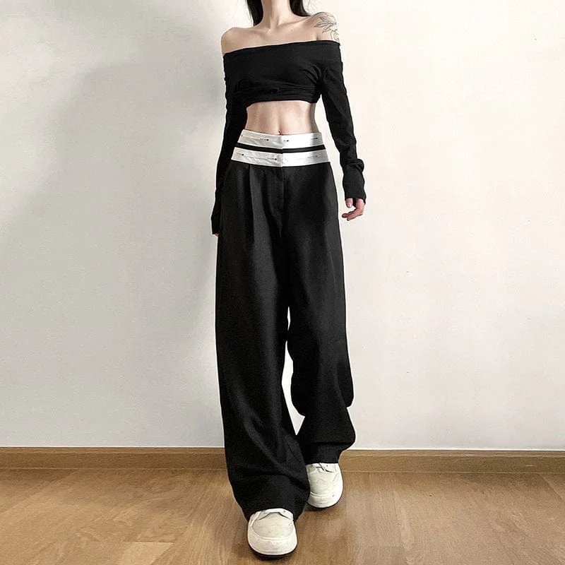 Women's Punk High-waisted Contrast Color Straight Pants