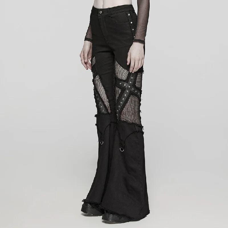 Women's Punk Mesh Eyelet Ring Flared Pants