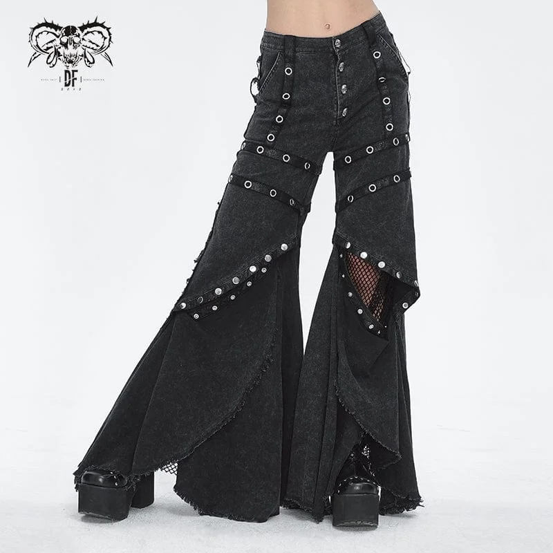 Women's Punk Mesh Eyelets Ruffled Flared Pants