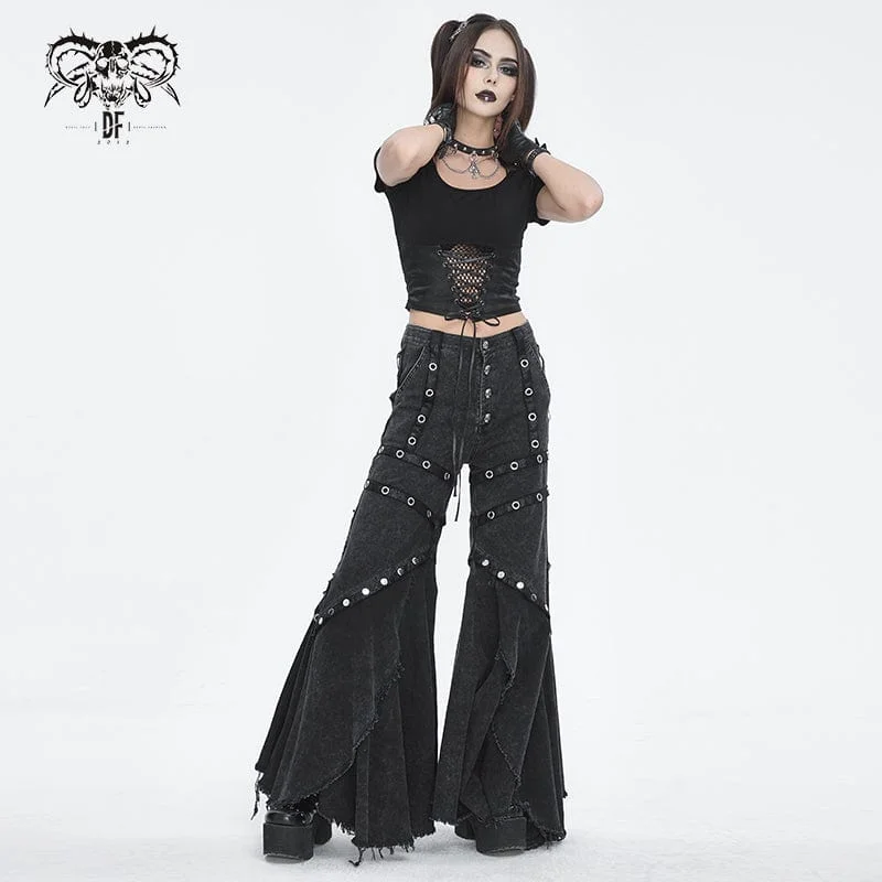 Women's Punk Mesh Eyelets Ruffled Flared Pants