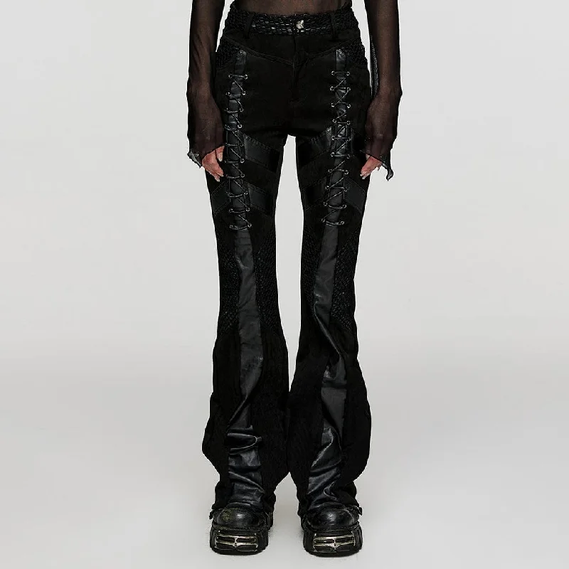 Women's Punk Mesh Splice Faux Leather Flared Pants