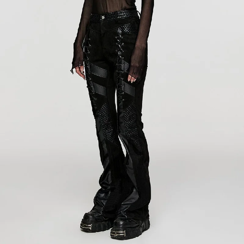 Women's Punk Mesh Splice Faux Leather Flared Pants