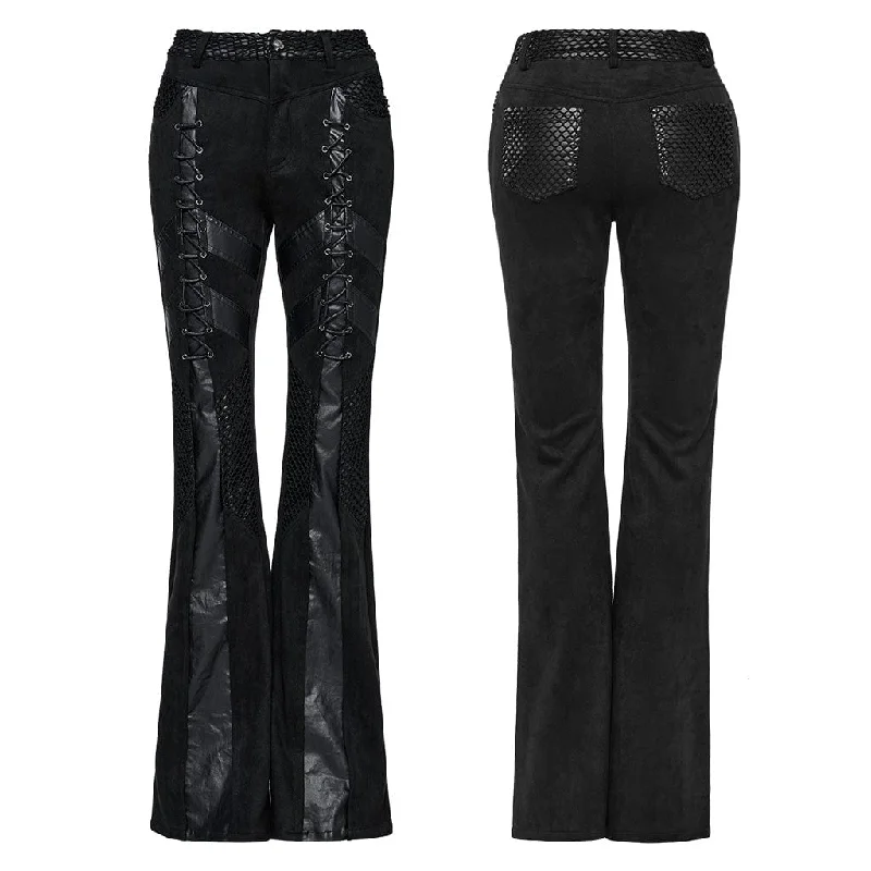 Women's Punk Mesh Splice Faux Leather Flared Pants