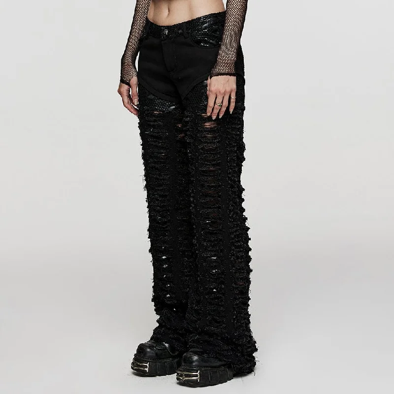 Women's Punk Mesh Splice Ripped Straight Pants