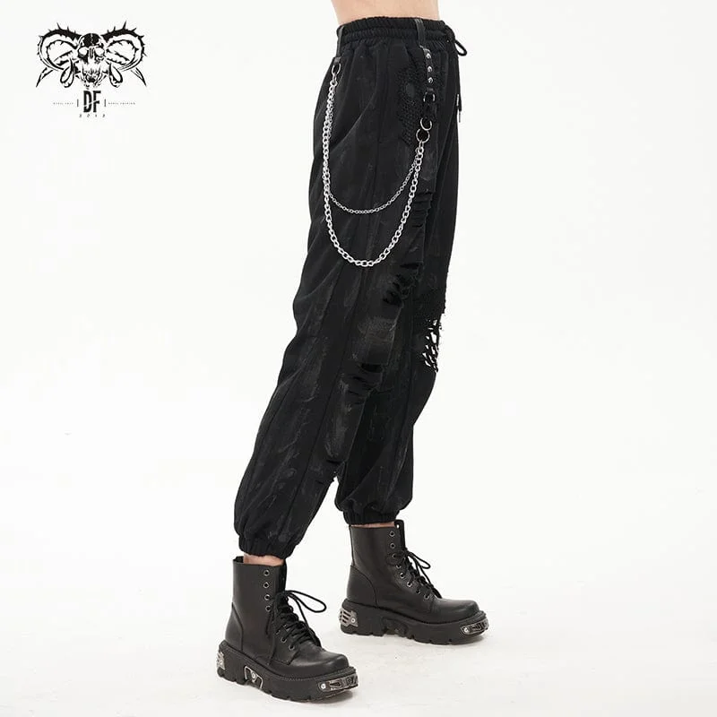 Women's Punk Ripped Metal Chain Lantern Pants