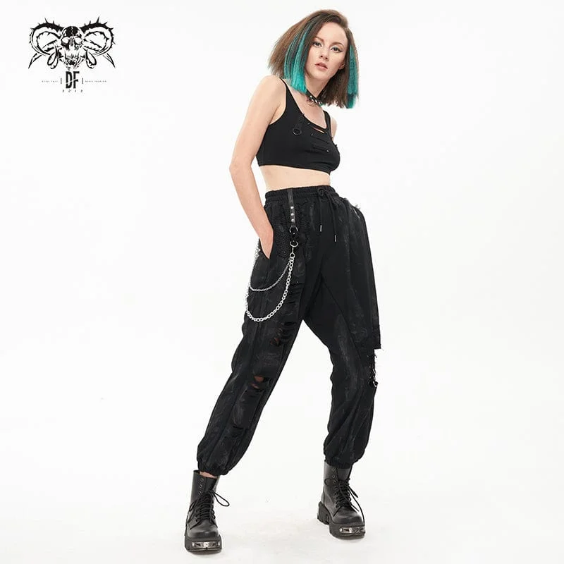 Women's Punk Ripped Metal Chain Lantern Pants