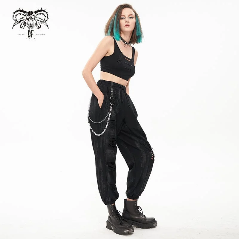 Women's Punk Ripped Metal Chain Lantern Pants