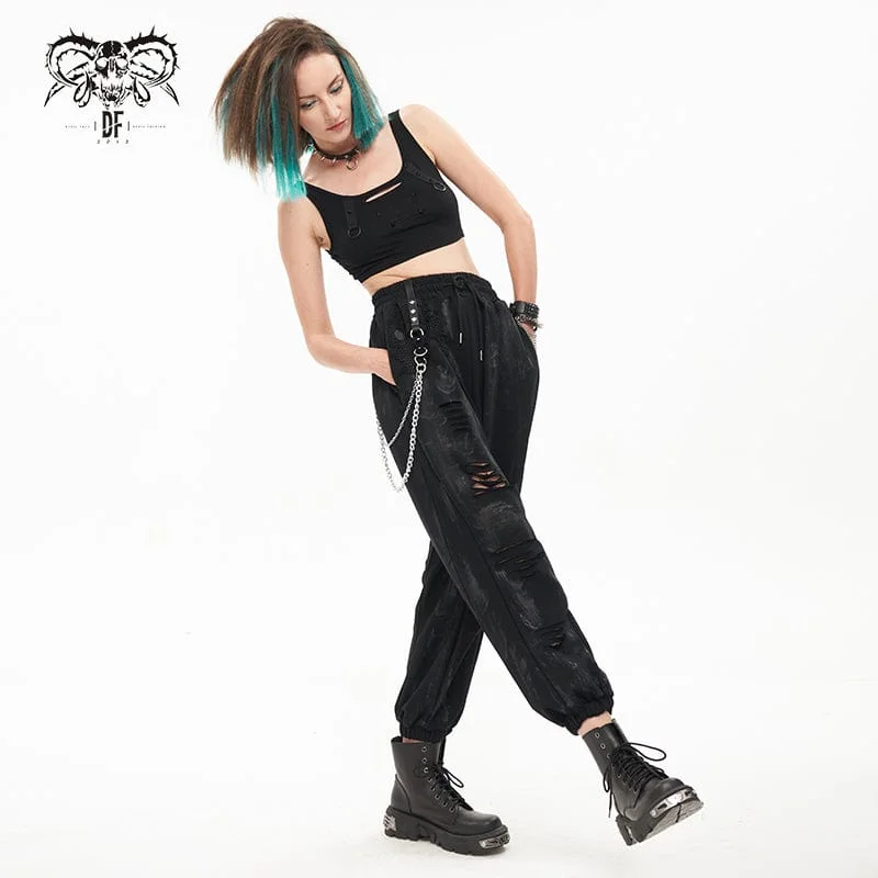 Women's Punk Ripped Metal Chain Lantern Pants