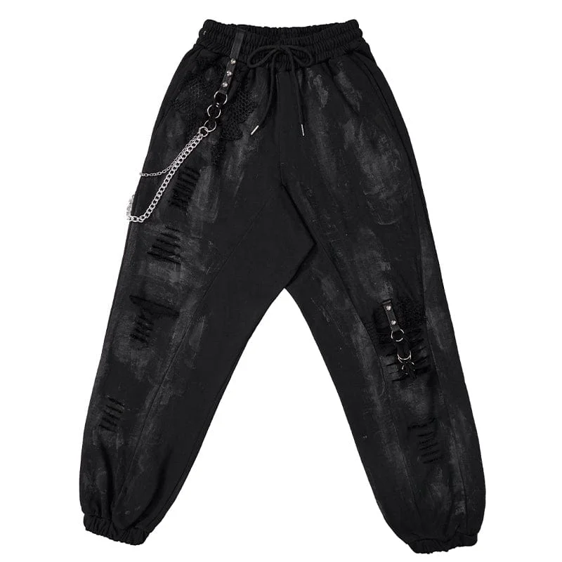 Women's Punk Ripped Metal Chain Lantern Pants