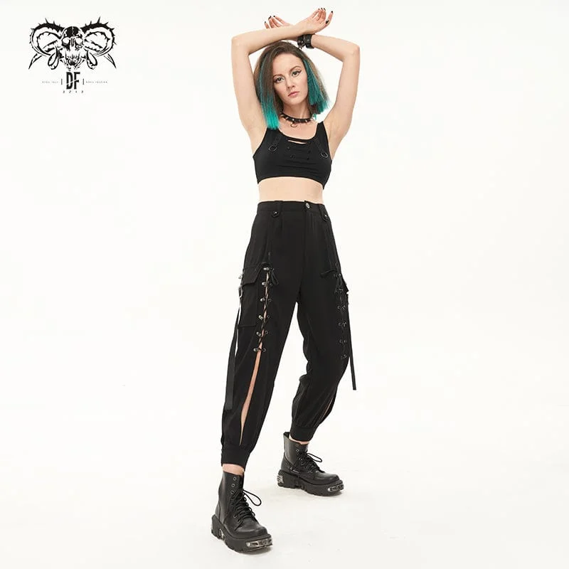 Women's Punk Strappy Big-pocket Jogger Pants